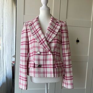 ZARA Double Breasted Blazer Womens Sz M Pink White Houndstooth
